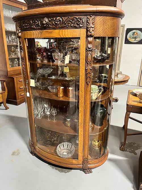 Bow-Front Curio Cabinet Antique Carved Oak Bow-Front Curio - Image 1