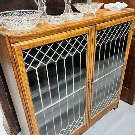 Antique Mission Style Oak Bookcase with Leaded Glass